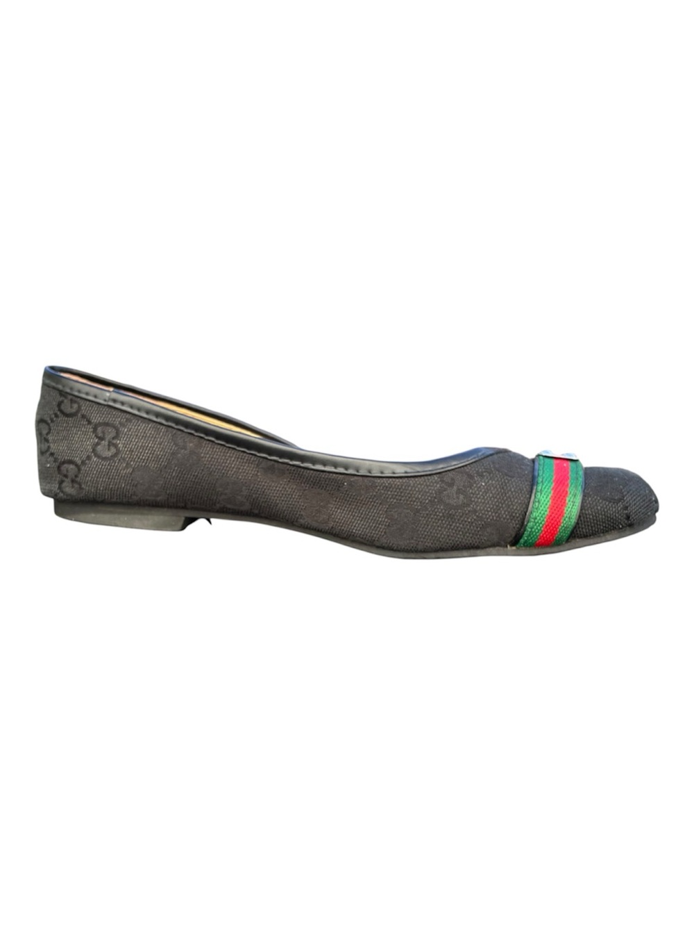 Gucci GG Vintage Canvas Ballerina Flats Black 38 / 7.5 Web Bow / Hardware Logo